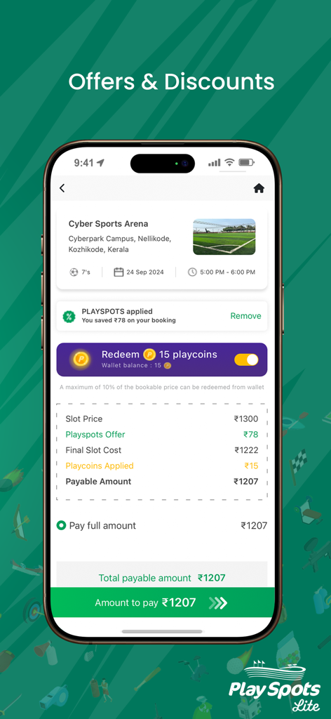 PlaySpots Lite - Kassenbildschirm der PlaySpots Lite App, der eine Preisaufschlüsselung und angewendete Rabatte für eine Sportstättenbuchung zeigt