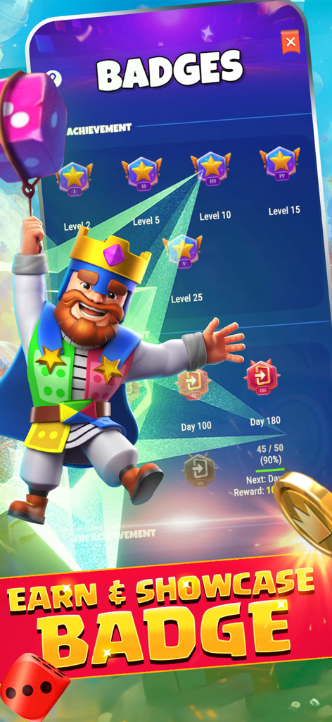 Ludo Royale: Dice Board Game - Una pantalla de menú en Ludo Royale que muestra insignias de logros desbloqueables y un personaje de rey de dibujos animados.