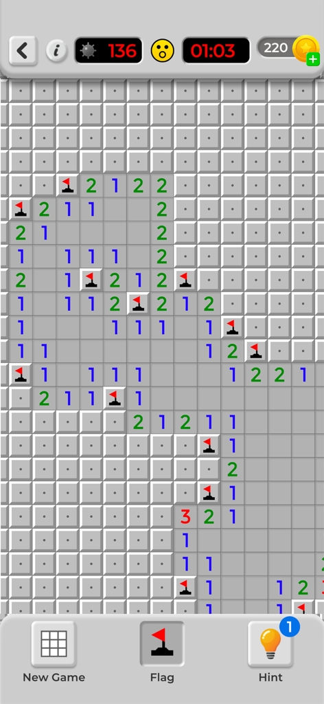 Classic Minesweeper logic puzzle game board with numbers and red flags