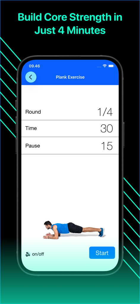Plank Challenge 4 minutes - Plank Challenge app interface showing a workout timer and a person performing a plank.