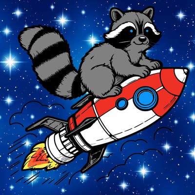 realistic raccoon flying on top rocket ship