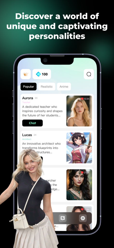 Aimi AI: Chat With Soulful AI - Smartphone screen displaying various AI companion characters with different personalities in the Aimi AI app