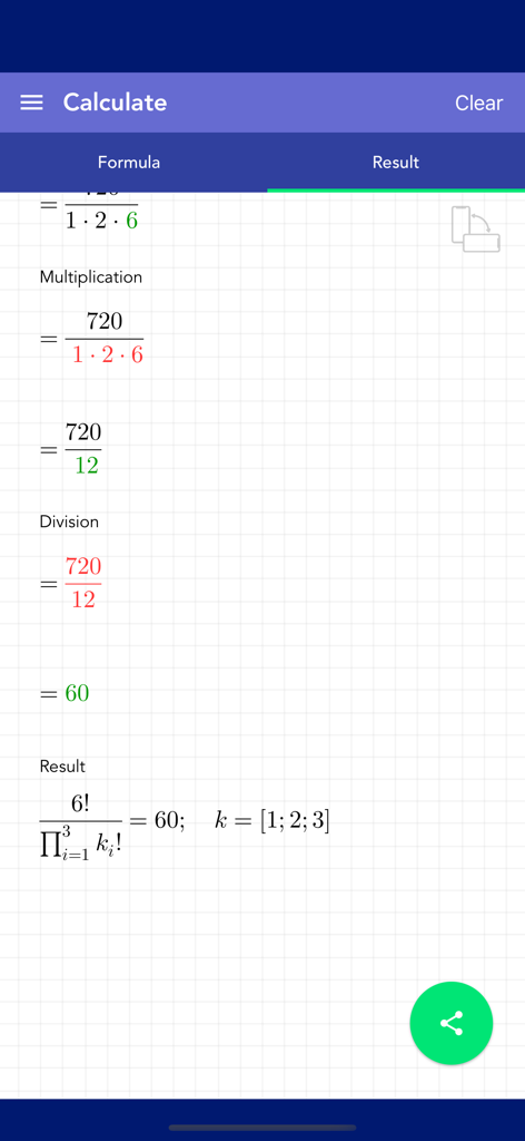 Combinatorics PRO - Schrittweise Kombinatorikberechnung mit Anzeige von Multiplikations- und Divisionsergebnissen