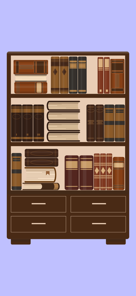 A neatly organized bookshelf with books arranged on shelves and drawers at the bottom in a satisfying puzzle game