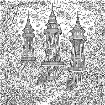 Ascend to new heights of creativity with this intricate coloring page featuring majestic observation towers. Immerse yourself in a beautiful spring landscape bursting with blooming flowers and vibrant nature, ready for your colorful touch.