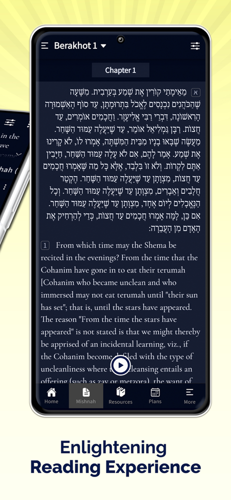 Smartphone screen showing Mishnah app with Hebrew and English text of Berakhot chapter one