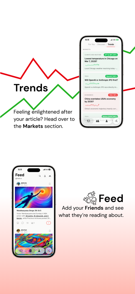 Scout: Your Daily Brief - Scout app interface showing market trends and a social news feed with community insights