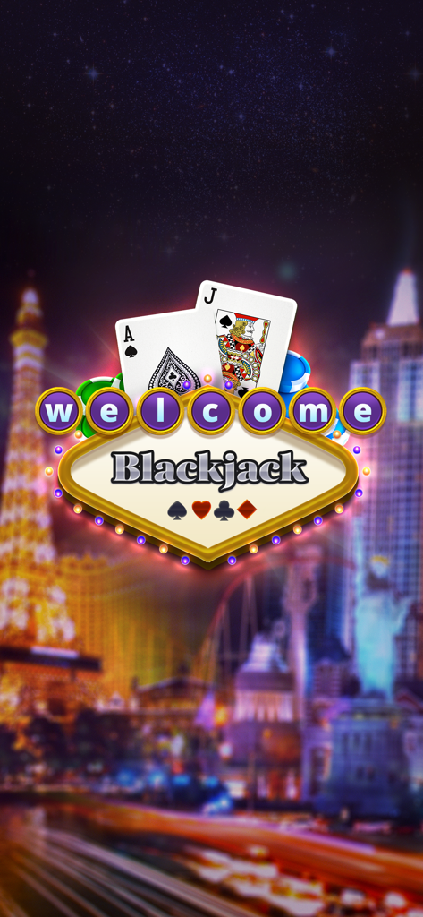 Welcome screen for Blackjack mobile app featuring a Las Vegas neon sign and a winning card hand over a city night background