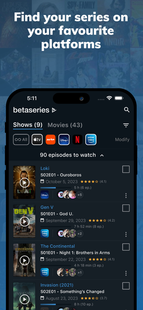 BetaSeries - TV Shows & Movies - Interface of BetaSeries app tracking TV shows across various streaming services