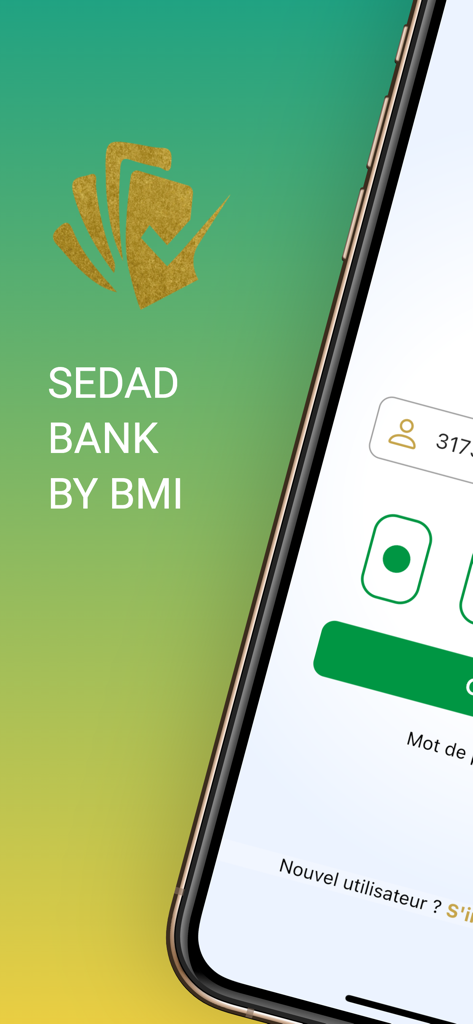Sedad Bank by BMI mobile app splash and login screen with a green and yellow gradient background.