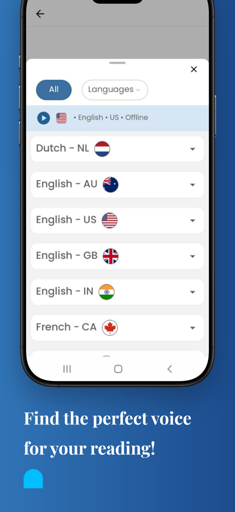 Voicen AI: Text to Speech - Language selection screen in Voicen AI app showing various English, Dutch, and French voice options with flags.