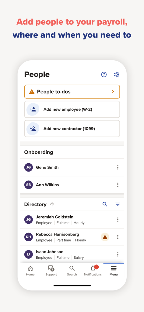ADP RUN - ADP RUN interface for adding new employees and contractors and managing staff onboarding