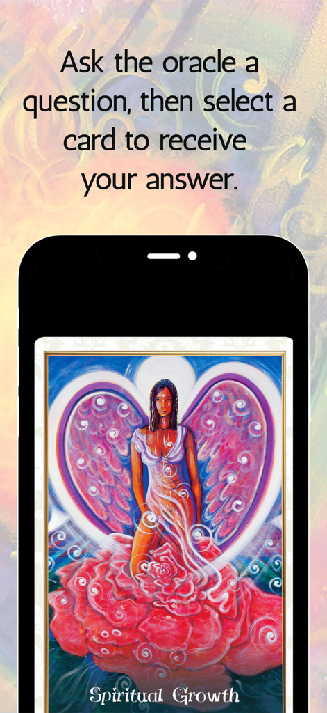 A smartphone showing a Spiritual Growth oracle card with an angelic figure on a red rose.