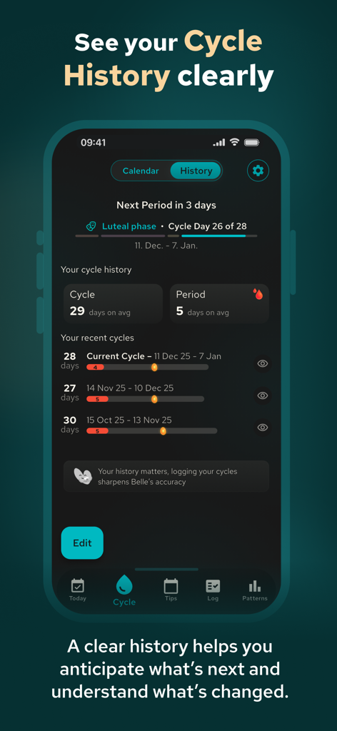 Belle : Period & PMDD Tracker - Mobile app interface of Belle Period and PMDD Tracker displaying cycle history and recent menstrual logs