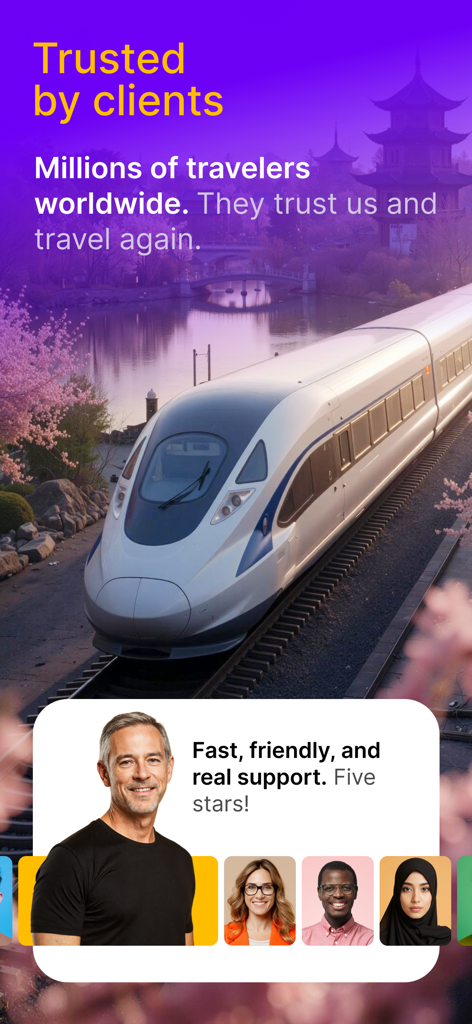 Rail Monsters: Train Tickets - Screenshot of Rail Monsters app showing positive customer reviews and a high-speed bullet train in a scenic landscape.