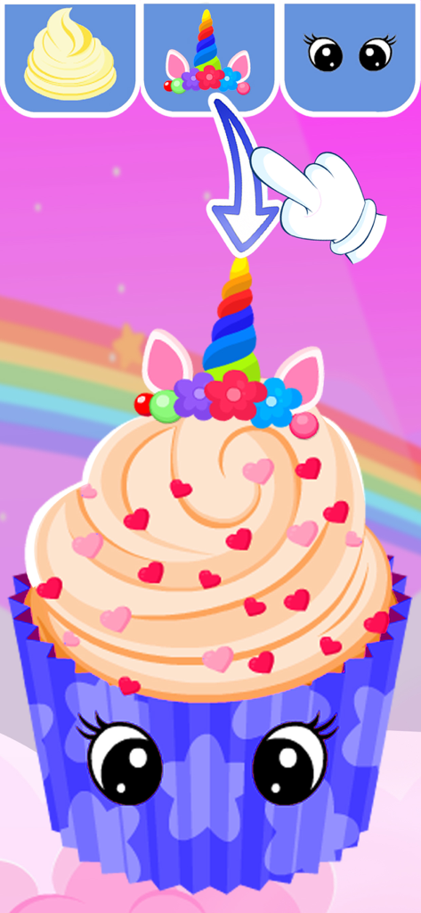 Unicorn Cooking Girl Games App - A child's finger dragging a rainbow unicorn horn onto a decorated cupcake in a cooking game interface