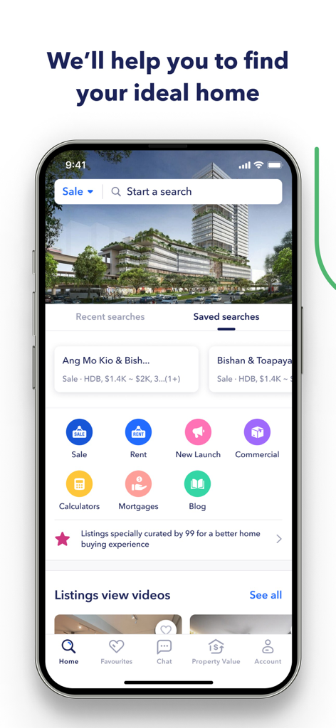 99.co Singapore Property, HDBs - 99.co Singapore property app home screen showing search options for sale and rent listings