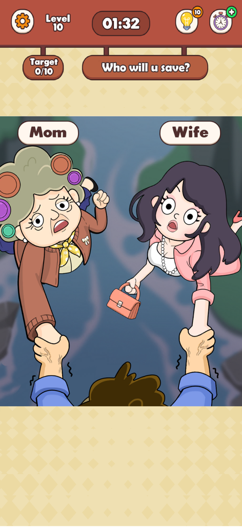 Help Them - Tricky Puzzle - A brain puzzle level in Help Them Tricky Puzzle asking the player to choose between saving a mother or a wife from falling