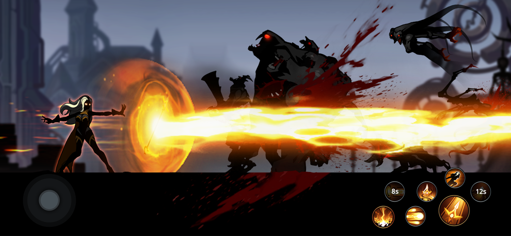 Shadow Knight Ninja Fight Game - Eine weibliche Schattenritterin entfesselt einen mächtigen gelben Energiestrahl gegen mehrere dunkle Feinde in einem Side-Scrolling-Kampf.