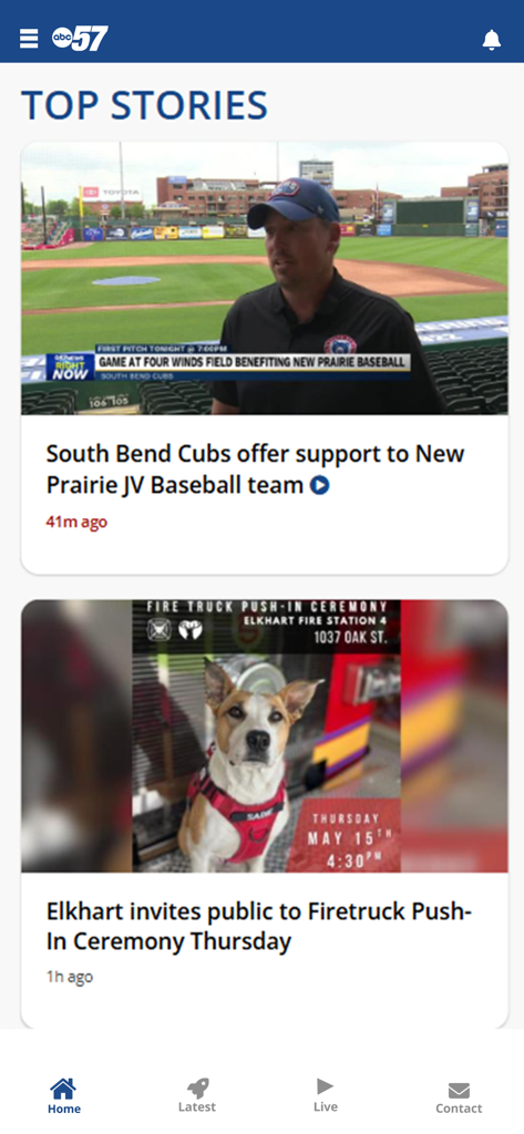 A screenshot of the ABC 57 News app home screen featuring local top stories about the South Bend Cubs and an Elkhart fire station event.