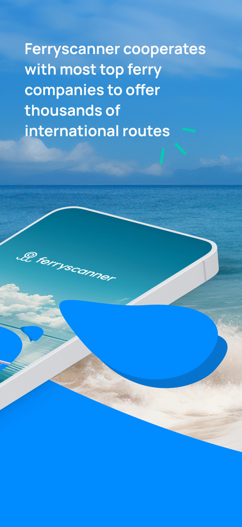 Ferryscanner: Book Your Ferry - Ferryscanner App, die Zugang zu Tausenden von internationalen Fährrouten mit einem malerischen Strandhintergrund zeigt