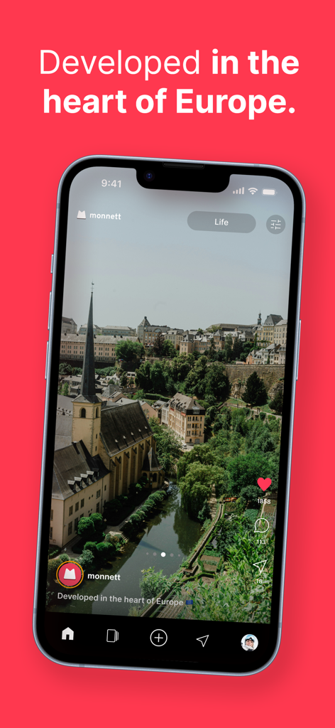 monnett - iPhone mostrando la interfaz de la aplicación monnett con una foto de una ciudad europea y el texto Desarrollado en el corazón de Europa.