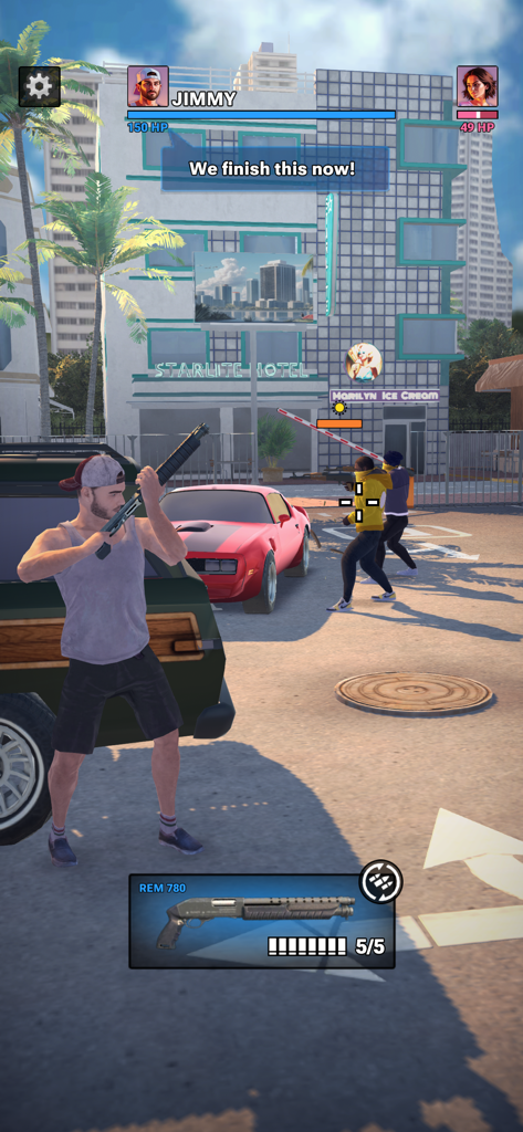 Gangs of Miami: Crime Shooter - Jimmy holding a shotgun during a street combat scene in front of the Starlite Hotel in Gangs of Miami