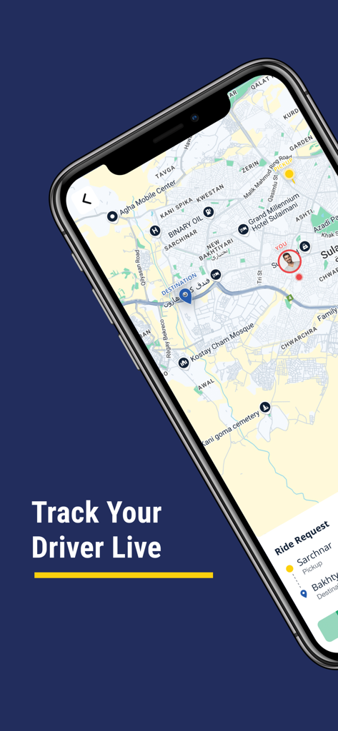 Yalla SK Captain - A smartphone showing the Yalla SK Captain app interface with a live map for tracking drivers in Slemani