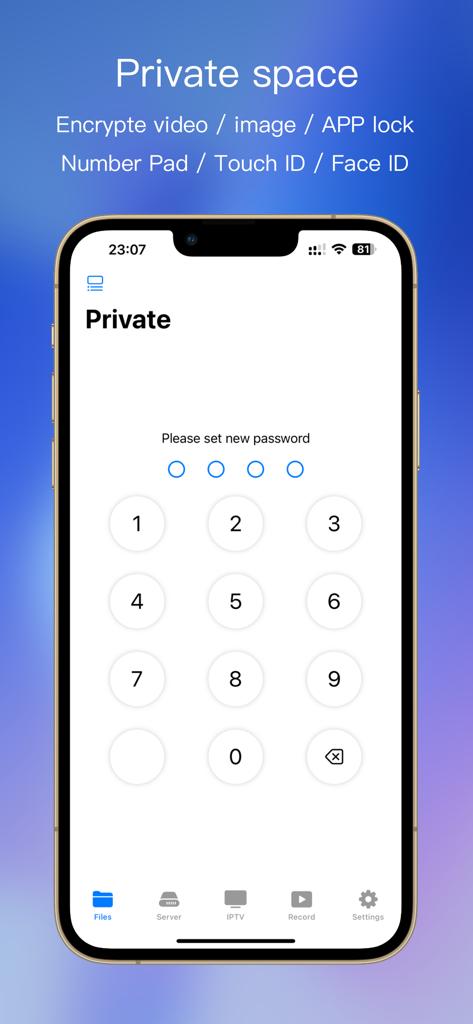 SenPlayer-Oberfläche mit einem numerischen Tastenfeld zur Festlegung eines Passworts für die Private Vault-Funktion