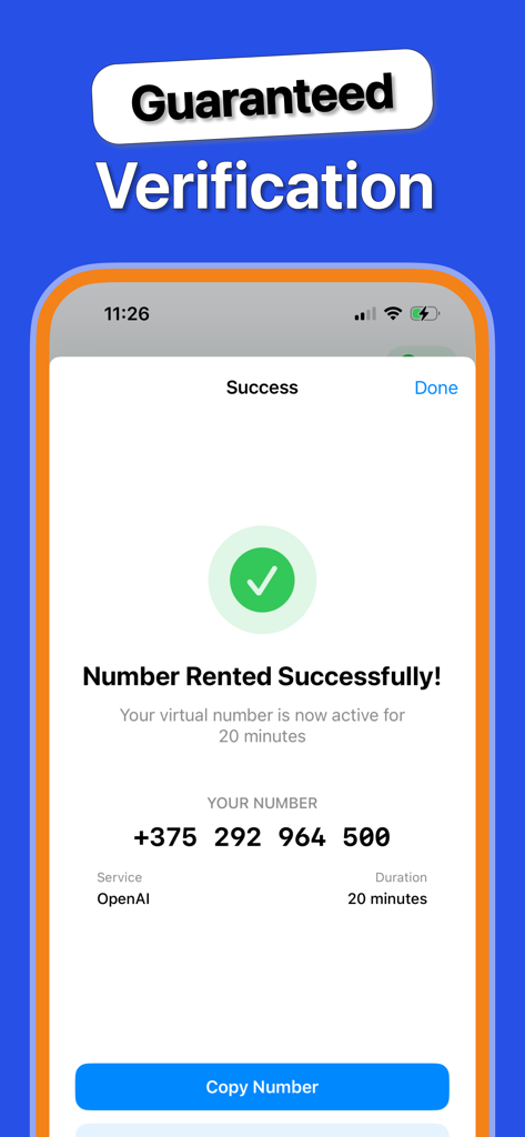 Captura de pantalla de la aplicación SafeSim que muestra un número de teléfono virtual alquilado con éxito para la verificación de OpenAI