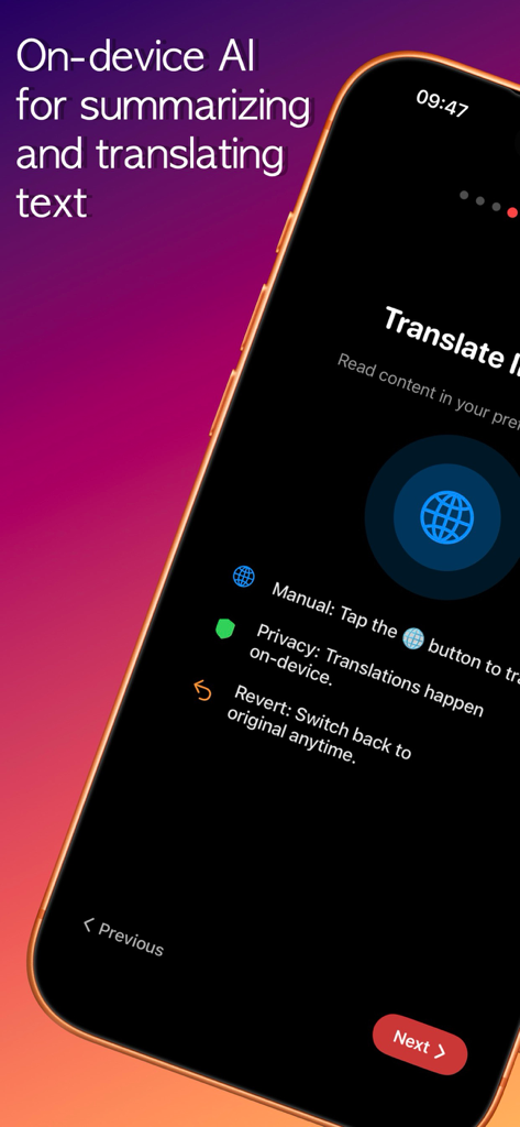 Speed Reader! - Screenshot showing Speed Reader app's on-device AI for text translation and summarization on a dark interface.