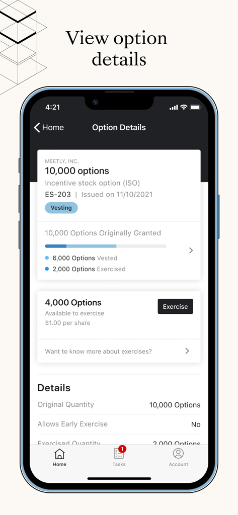 Carta - Manage Your Equity - A smartphone screen displaying the Carta app interface with detailed information on incentive stock options and vesting status.