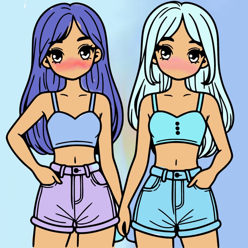 two sisters with crop tops and jean shorts and straight hair