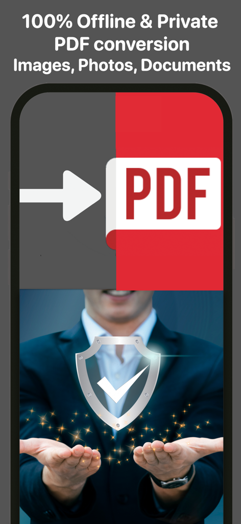 Conversión segura de PDF sin conexión para imágenes y documentos con un ícono de escudo de seguridad.