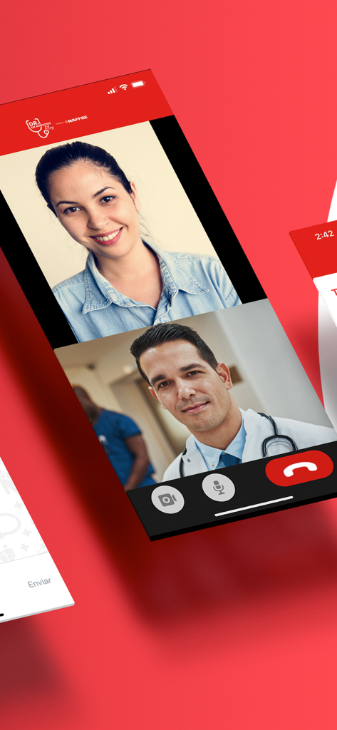 Una interfaz de videollamada mostrando a un paciente y un médico durante una consulta médica en línea en la aplicación Dr en Minutos Online