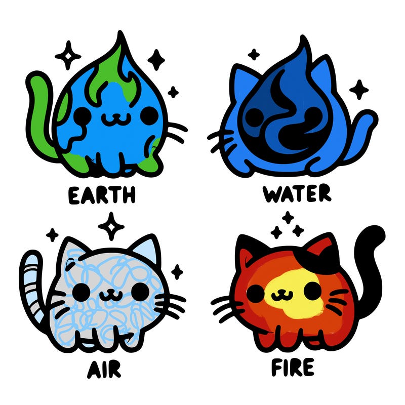 4 cats that represent the different elements, earth, water, air, and fire