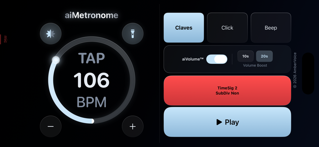aiMetronome - The aiMetronome app interface showing a 106 BPM tempo dial sound options and adaptive iVolume settings in dark mode