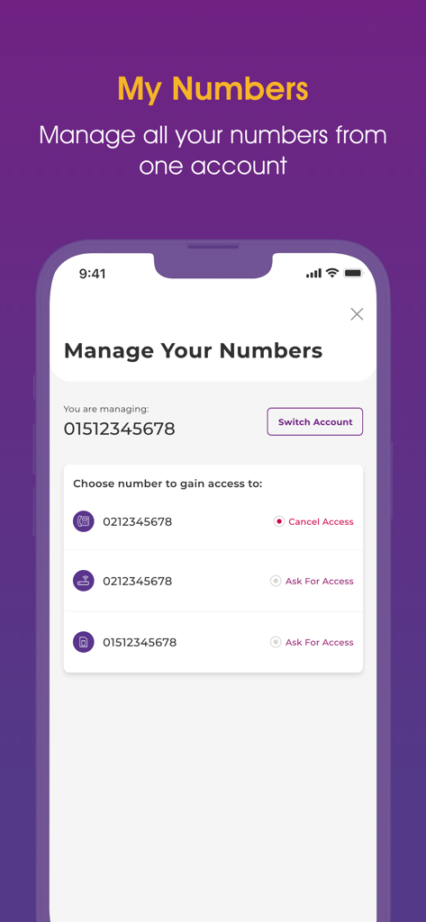 My WE app screen for managing multiple mobile and home internet numbers from a single account