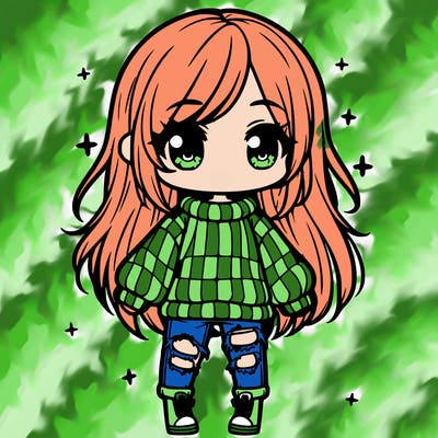 chibi girl with ripped jeans,long hair, and an oversized sweater