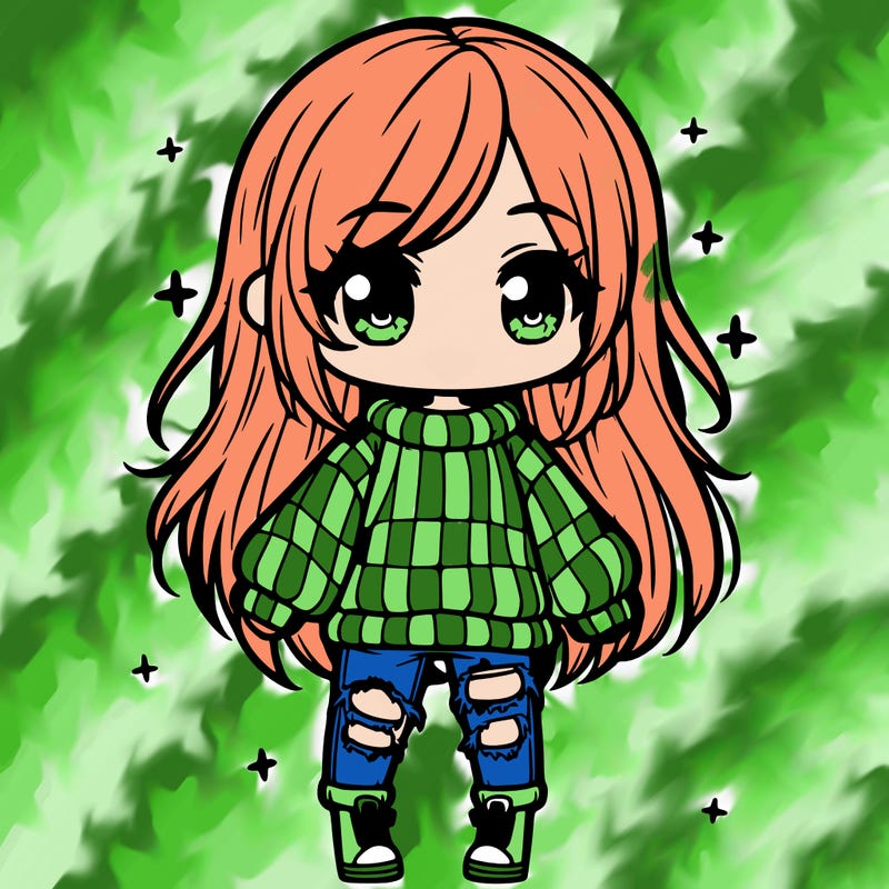 chibi girl with ripped jeans,long hair, and an oversized sweater