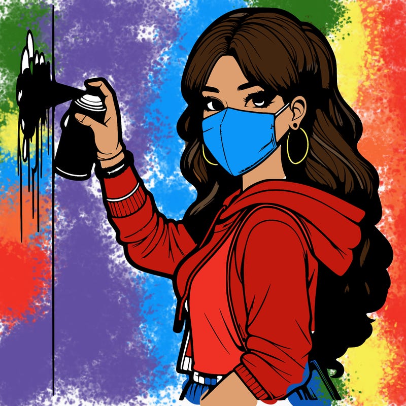 realistic girl with mask spray painting a wall