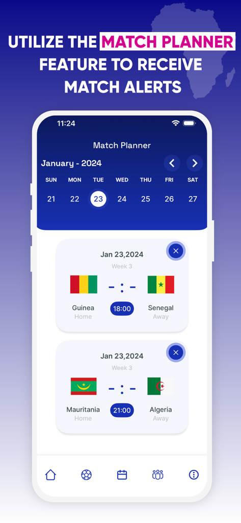 Interfaccia del pianificatore partite dell'app di calcio Drama live che mostra i prossimi avvisi di partite