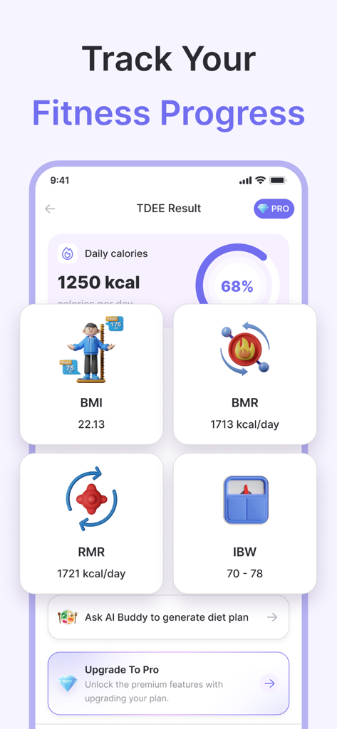 La interfaz de la aplicación TDEE Calculator que muestra métricas de progreso de fitness como calorías diarias, BMI, BMR, RMR e IBW