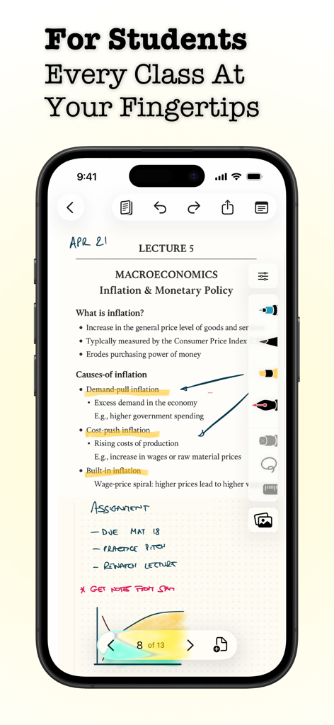 Penbook Pencil Notebook - A smartphone showing the Penbook app with digital lecture notes for macroeconomics featuring typed text and handwritten annotations.