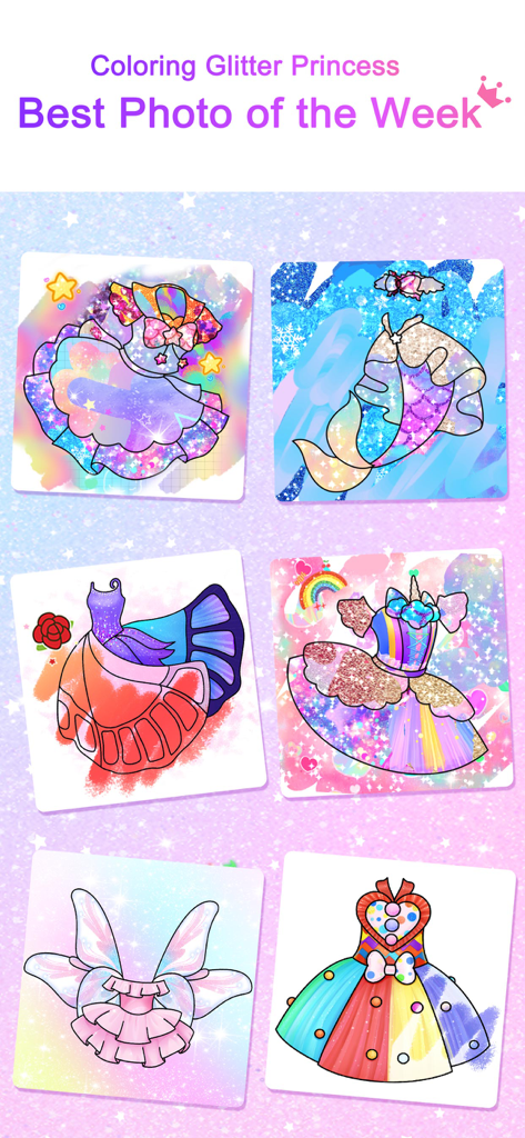 A gallery of colorful and glittery princess dress designs labeled Best Photo of the Week