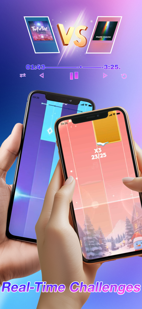 Two people playing a real-time multiplayer versus challenge in Rhythm Rush 2 piano game on mobile devices.