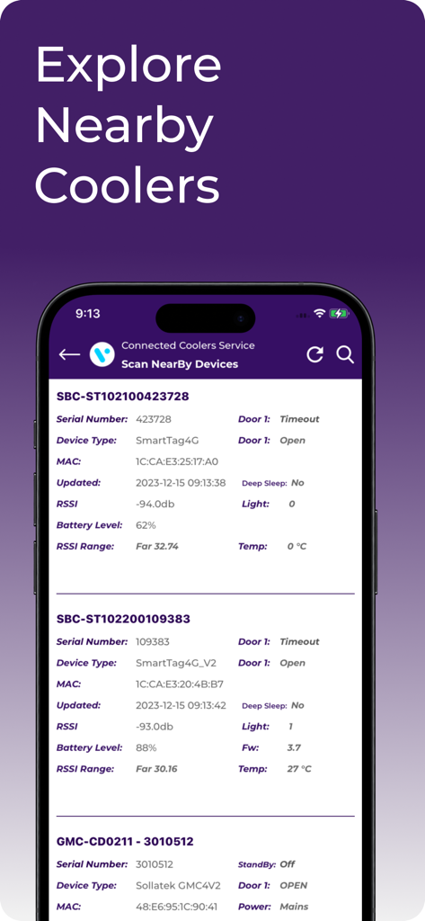 Mobile app screen showing a list of nearby scanned smart coolers with real-time status data