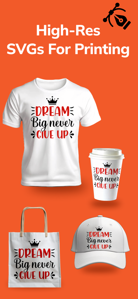 AI SVG Converter - SVG Maker - Examples of high-resolution SVG designs printed on a t-shirt, coffee cup, tote bag, and baseball cap.