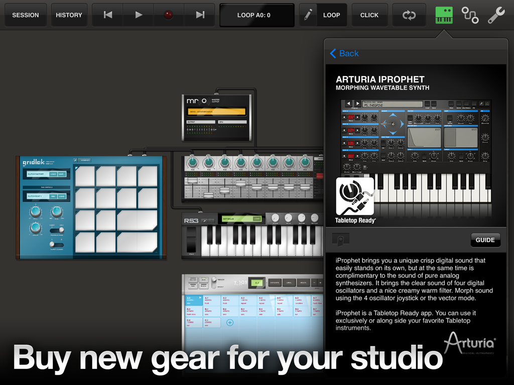 Tabletop - Tabletop app interface featuring modular music production tools and an Arturia iProphet synth purchase window