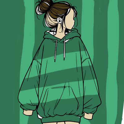 realistic girl with a oversized sweatshirt on and a bun